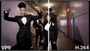 YouTube comparing the image quality of a Janelle Monaé video in VP9 or legacy H.264 transcodes.