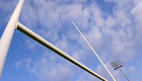 Rugby goalpost on blue sky