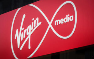 Virgin Media sign, above a Virgin Media store in the UK